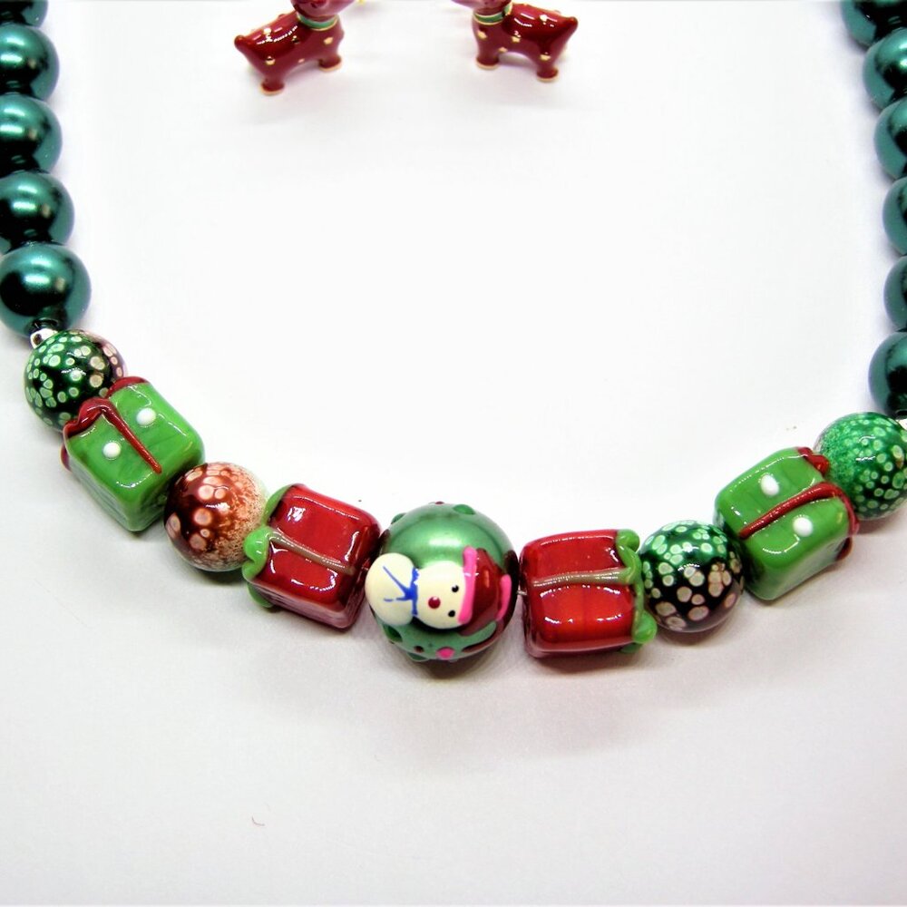 Handcrafted Glass Bead Christmas Necklace with Reindeer Earrings Set - Picture 5 of 12